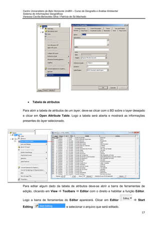 Centro Universitário de Belo Horizonte UniBH – Curso de Geografia e Análise Ambiental
Sistema de Informações Geográficas
Vanessa Cecília Benavides Silva / Patrícia de Sá Machado
17
• Tabela de atributos
Para abrir a tabela de atributos de um layer, deve-se clicar com o BD sobre o layer desejado
e clicar em Open Attribute Table. Logo a tabela será aberta e mostrará as informações
presentes do layer selecionado.
Para editar algum dado da tabela de atributos deve-se abrir a barra de ferramentas de
edição, clicando em View Toolbars Editor com o direito e habilitar a função Editor.
Logo a barra de ferramentas do Editor aparecerá. Clicar em Editor Start
Editing e selecionar o arquivo que será editado.
 