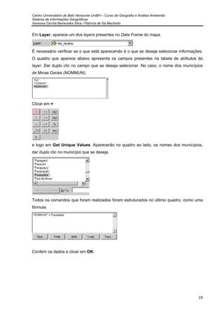 Centro Universitário de Belo Horizonte UniBH – Curso de Geografia e Análise Ambiental
Sistema de Informações Geográficas
Vanessa Cecília Benavides Silva / Patrícia de Sá Machado
19
Em Layer, aparece um dos layers presentes no Data Frame do mapa.
É necessário verificar se o que está aparecendo é o que se deseja selecionar informações.
O quadro que aparece abaixo apresenta os campos presentes na tabela de atributos do
layer. Dar duplo clic no campo que se deseja selecionar. No caso, o nome dos municípios
de Minas Gerais (NOMMUN).
Clicar em =
e logo em Get Unique Values. Aparecerão no quadro ao lado, os nomes dos municípios,
dar duplo clic no município que se deseja.
Todos os comandos que foram realizados foram estruturados no último quadro, como uma
fórmula.
Conferir os dados e clicar em OK.
 