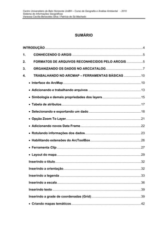 Centro Universitário de Belo Horizonte UniBH – Curso de Geografia e Análise Ambiental - 2010
Sistema de Informações Geográficas
Vanessa Cecília Benavides Silva / Patrícia de Sá Machado
SUMÁRIO
INTRODUÇÃO............................................................................................................4
1. CONHECENDO O ARGIS ..............................................................................5
2. FORMATOS DE ARQUIVOS RECONHECIDOS PELO ARCGIS ..................5
3. ORGANIZANDO OS DADOS NO ARCCATALOG.........................................7
4. TRABALHANDO NO ARCMAP – FERRAMENTAS BÁSICAS ...................10
• Interface do ArcMap......................................................................................10
• Adicionando e trabalhando arquivos ..........................................................13
• Simbologia e demais propriedades dos layers...........................................15
• Tabela de atributos........................................................................................17
• Selecionando e exportando um dado..........................................................18
• Opção Zoom To Layer...................................................................................21
• Adicionando novos Data Frame...................................................................22
• Rotulando informações dos dados..............................................................23
• Habilitando extensões do ArcToolBox........................................................26
• Ferramenta Clip .............................................................................................27
• Layout do mapa.............................................................................................29
Inserindo o título...............................................................................................32
Inserindo a orientação......................................................................................32
Inserindo a legenda ..........................................................................................33
Inserindo a escala.............................................................................................36
Inserindo texto..................................................................................................39
Inserindo a grade de coordenadas (Grid).......................................................39
• Criando mapas temáticos.............................................................................42
 