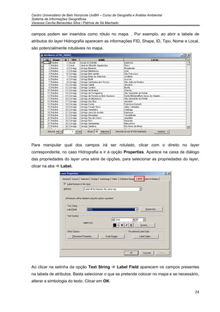 Centro Universitário de Belo Horizonte UniBH – Curso de Geografia e Análise Ambiental
Sistema de Informações Geográficas
Vanessa Cecília Benavides Silva / Patrícia de Sá Machado
24
campos podem ser inseridos como rótulo no mapa. . Por exemplo, ao abrir a tabela de
atributos do layer Hidrografia aparecem as informações FID, Shape, ID, Tipo, Nome e Local,
são potencialmente rotuláveis no mapa.
Para manipular qual dos campos irá ser rotulado, clicar com o direito no layer
correspondente, no caso Hidrografia e ir à opção Properties. Aparece na caixa de diálogo
das propriedades do layer uma série de opções, para selecionar as propriedades do layer,
clicar na aba Label.
Ao clicar na setinha da opção Text String Label Field aparecem os campos presentes
na tabela de atributos. Basta selecionar o que se pretende colocar no mapa e se necessário,
alterar a simbologia do texto. Clicar em OK.
 