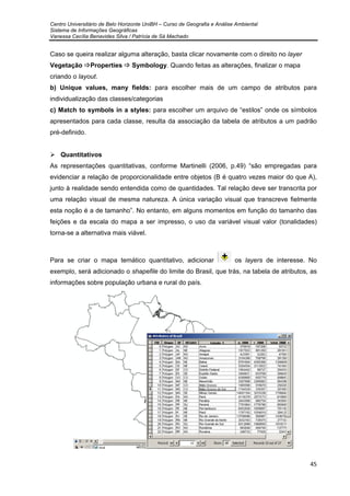 Centro Universitário de Belo Horizonte UniBH – Curso de Geografia e Análise Ambiental
Sistema de Informações Geográficas
Vanessa Cecília Benavides Silva / Patrícia de Sá Machado
45
Caso se queira realizar alguma alteração, basta clicar novamente com o direito no layer
Vegetação Properties Symbology. Quando feitas as alterações, finalizar o mapa
criando o layout.
b) Unique values, many fields: para escolher mais de um campo de atributos para
individualização das classes/categorias
c) Match to symbols in a styles: para escolher um arquivo de “estilos” onde os símbolos
apresentados para cada classe, resulta da associação da tabela de atributos a um padrão
pré-definido.
Quantitativos
As representações quantitativas, conforme Martinelli (2006, p.49) “são empregadas para
evidenciar a relação de proporcionalidade entre objetos (B é quatro vezes maior do que A),
junto à realidade sendo entendida como de quantidades. Tal relação deve ser transcrita por
uma relação visual de mesma natureza. A única variação visual que transcreve fielmente
esta noção é a de tamanho”. No entanto, em alguns momentos em função do tamanho das
feições e da escala do mapa a ser impresso, o uso da variável visual valor (tonalidades)
torna-se a alternativa mais viável.
Para se criar o mapa temático quantitativo, adicionar os layers de interesse. No
exemplo, será adicionado o shapefile do limite do Brasil, que trás, na tabela de atributos, as
informações sobre população urbana e rural do país.
 