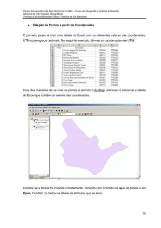 Centro Universitário de Belo Horizonte UniBH – Curso de Geografia e Análise Ambiental
Sistema de Informações Geográficas
Vanessa Cecília Benavides Silva / Patrícia de Sá Machado
56
• Criação de Pontos a partir de Coordenadas
O primeiro passo é criar uma tabela no Excel com os referentes valores das coordenadas,
UTM ou em graus decimais. No seguinte exemplo, têm-se as coordenadas em UTM.
Uma das maneiras de se criar os pontos é abrindo o ArcMap, adicionar o adicionar a tabela
do Excel que contém os valores das coordenadas.
Conferir se a tabela foi inserida corretamente, clicando com o direito no layer da tabela e em
Open. Conferir os dados na tabela de atributos que se abre.
 