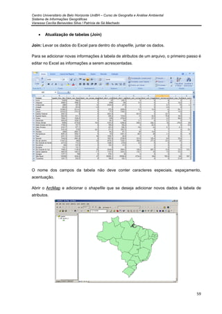 Centro Universitário de Belo Horizonte UniBH – Curso de Geografia e Análise Ambiental
Sistema de Informações Geográficas
Vanessa Cecília Benavides Silva / Patrícia de Sá Machado
59
• Atualização de tabelas (Join)
Join: Levar os dados do Excel para dentro do shapefile, juntar os dados.
Para se adicionar novas informações á tabela de atributos de um arquivo, o primeiro passo é
editar no Excel as informações a serem acrescentadas.
O nome dos campos da tabela não deve conter caracteres especiais, espaçamento,
acentuação.
Abrir o ArcMap e adicionar o shapefile que se deseja adicionar novos dados à tabela de
atributos.
 