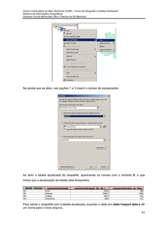 Centro Universitário de Belo Horizonte UniBH – Curso de Geografia e Análise Ambiental
Sistema de Informações Geográficas
Vanessa Cecília Benavides Silva / Patrícia de Sá Machado
61
Na janela que se abre, nas opções 1 e 3 inserir o campo de equiparação.
Ao abrir a tabela atualizada do shapefile, aparecerão os nomes com o símbolo $, o que
indica que a atualização da tabela está temporária.
Para salvar o shapefile com a tabela atualizada, exportar o dado em data export data e dê
um nome para o novo arquivo.
 