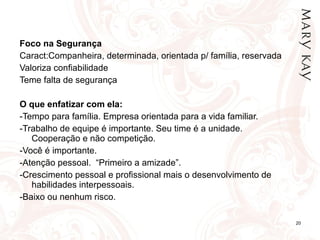 Foco na Segurança Caract:Companheira, determinada, orientada p/ família, reservada Valoriza confiabilidade Teme falta de segurança   O que enfatizar com ela: -Tempo para família. Empresa orientada para a vida familiar. -Trabalho de equipe é importante. Seu time é a unidade. Cooperação e não competição. -Você é importante.  -Atenção pessoal.  “Primeiro a amizade”.  -Crescimento pessoal e profissional mais o desenvolvimento de habilidades interpessoais. -Baixo ou nenhum risco. 