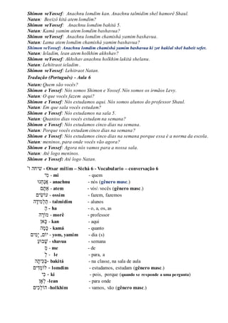 Shimon veYossef: Anachnu lomdim kan. Anachnu talmidim shel hamorê Shaul.
Natan: Beeizô kitá atem lomdim?
Shimon veYossef: Anachnu lomdim bakitá 5.
Natan: Kamá yamim atem lomdim bashavua?
Shimon veYossef: Anachnu lomdim chamishá yamim bashavua.
Natan: Lama atem lomdim chamishá yamim bashavua?
Shimon veYossef: Anachnu lomdim chamishá yamim bashavua ki zot haklal shel habeit sefer.
Natan: Ieladim, lean atem holkhim akhshav?
Shimon veYossef: Akhshav anachnu holkhim lakitá shelanu.
Natan: Lehitraot ieladim .
Shimon veYossef: Lehitraot Natan.
Tradução (Português) - Aula 6
Natan: Quem são vocês?
Shimon e Yossef: Nós somos Shimon e Yossef. Nós somos os irmãos Levy.
Natan: O que vocês fazem aqui?
Shimon e Yossef: Nós estudamos aqui. Nós somos alunos do professor Shaul.
Natan: Em que sala vocês estudam?
Shimon e Yossef: Nós estudamos na sala 5.
Natan: Quantos dias vocês estudam na semana?
Shimon e Yossef: Nós estudamos cinco dias na semana.
Natan: Porque vocês estudam cinco dias na semana?
Shimon e Yossef: Nós estudamos cinco dias na semana porque essa é a norma da escola.
Natan: meninos, para onde vocês vão agora?
Shimon e Yossef: Agora nós vamos para a nossa sala.
Natan: Até logo meninos.
Shimon e Yossef: Até logo Natan.
‫ו‬' ‫שיחה‬ - Otsar milim – Sichá 6 - Vocabulario – conversação 6
‫ִׁי‬‫מ‬ - mi - quem
‫נּו‬‫ח‬‫נ‬‫א‬ - anachnu - nós (gênero masc.)
‫ם‬‫ַאת‬ - atem - vós vocês (gênero masc.)
ִׁ‫ש‬‫עֹו‬‫ים‬ - ossim - fazem, fazemos
‫ה‬‫ִׁיד‬‫מ‬‫ל‬‫ת‬ - talmidim - alunos
‫ה‬ - ha - o, a, os, as
‫ה‬‫מֹור‬ - morê - professor
‫אן‬‫כ‬ - kan - aqui
‫ה‬‫מ‬‫כ‬ - kamá - quanto
‫ִׁים‬‫מ‬‫י‬ ,‫יֹום‬ - yom, yamim - dia (s)
‫בּוע‬‫ש‬ - shavua - semana
‫מ‬ - me - de
‫ל‬ - le - para, a
‫ה‬‫ִׁית‬‫כ‬‫-ב‬ bakitá - na classe, na sala de aula
‫ִׁים‬‫ד‬‫לֹומ‬ - lomdim - estudamos, estudam (gênero masc.)
‫ִׁי‬‫כ‬ - ki - pois, porque (quando se responde a uma pergunta)
‫ל‬‫ָאן‬ -lean - para onde
‫ִׁים‬‫כ‬‫הֹול‬ -holkhim - vamos, vão (gênero masc.)
 