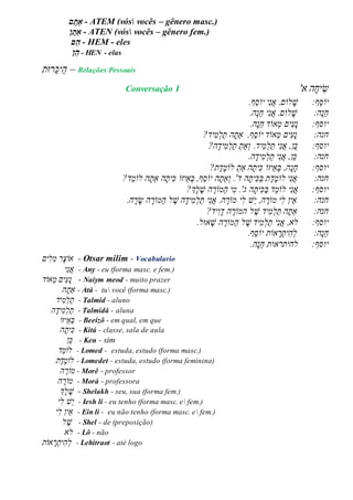‫ַא‬‫ת‬‫ם‬ - ATEM (vós vocês – gênero masc.)
‫ַא‬‫ת‬‫ן‬ - ATEN (vós vocês – gênero fem.)
‫ה‬‫ם‬ - HEM - eles
‫ה‬‫ן‬ - HEN - elas
‫רּות‬ֵ‫יכ‬ֵ‫ה‬ – Relações Pessoais
ֲֲֲֲֲֲֲֲ
'‫הֲא‬‫יח‬‫ש‬Conversação Iֲ ֲ
‫יֹו‬ֲֵ‫ס‬ֲ:‫ף‬ֲֲֲֲֲֲ‫ׁש‬‫לֹו‬ֲ‫ם.ֲא‬ֲ‫נ‬‫יֲיֹו‬ֲֵ‫ס‬.‫ף‬ֲ
ֲַ‫ח‬ֲ‫נ‬ֲֲ:‫ה‬ֲֲֲֲֲֲ‫ׁש‬‫לֹו‬ֲ‫ם.ֲא‬ֲ‫נ‬ֲַ‫ח‬ֲ‫י‬ֲ‫נ‬.‫ה‬ֲ
:‫יוסף‬ֲֲֲֲֲ‫נ‬ֲ‫ע‬ֲ‫יםֲמ‬‫אֹו‬ֲַ‫ח‬ֲ‫ד‬ֲ‫נ‬.‫ה‬ֲ
‫חנה‬:ֲֲֲֲֲ‫נ‬ֲ‫ע‬ֲ‫יםֲמ‬‫אֹו‬‫דֲיֹו‬ֲֵ‫ס‬.‫ף‬?‫יד‬‫מ‬‫ַל‬‫ת‬ֲ‫ה‬‫ַאת‬ֲ
:‫יוסף‬ֲ‫ן,ֲא‬‫כ‬ֲ‫נ‬?‫ה‬‫יד‬‫מ‬‫ַל‬‫ת‬ֲ‫ַאת‬‫יד.ֲו‬‫מ‬‫ַל‬‫ת‬ֲ‫י‬ֲ
:‫חנה‬ֲֲֲֲֲֲֲֵ‫כ‬ֲ‫ן,ֲא‬ֲ‫נ‬ֲַ‫ת‬ֲ‫י‬ֲ‫ל‬ֲ‫מ‬ֲ‫יד‬.‫ה‬ֲ
:‫יוסף‬ֲֲֲֲֲֲֲ‫ח‬ֲ‫נ‬?‫ֶת‬‫ד‬ֶ‫מ‬‫ֲלֹו‬‫הֲַאת‬‫ית‬‫ֵיזֹוֲכ‬‫א‬‫ה,ֲב‬ֲ
:‫חנה‬ֲֲֲֲֲֲֲֲ‫א‬ֲ‫נ‬‫יֲלֹו‬ֲֶ‫מ‬ֲֶ‫ד‬ֲ‫ֵיזֹו‬‫א‬‫ֵף,ֲב‬‫ס‬‫הֲיֹו‬‫ַאת‬‫הֲד'.ֲו‬‫ית‬‫כ‬ַ‫ב‬ֲ‫ת‬?‫ד‬ֵ‫מ‬‫הֲלֹו‬‫הֲַאת‬‫ית‬‫כ‬ֲ
:‫יוסף‬ֲֲֲֲֲֲֲ‫א‬ֲ‫נ‬‫יֲל‬‫ֹו‬ֲֵ‫מ‬ֲַ‫ב‬ֲ‫ד‬ֲ‫כ‬ֲ‫ית‬‫ְך‬‫ל‬ ֶ‫הֲׁש‬ ֶ‫ַמֹור‬‫ה‬ֲ‫י‬‫הֲג'.ֲמ‬?ֲ
:‫חנה‬ֲֲֲֲֲֲֲ.‫ה‬‫ר‬‫הֲש‬‫ַמֹור‬‫ה‬ֲ‫ל‬ ֶ‫הֲׁש‬‫יד‬‫מ‬‫ַל‬‫ת‬ֲ‫י‬‫נ‬‫ה.ֲא‬‫יֲמֹור‬‫ֵׁשֲל‬‫י‬ֲ,‫ה‬ ֶ‫יֲמֹור‬‫ֵיןֲל‬‫א‬ֲ
‫חנה:ֲֲֲֲֲֲֲַא‬ֲ‫ת‬ֲַ‫ת‬ֲ‫ה‬ֲ‫ל‬ֲ‫מ‬ֲֶ‫ידֲׁש‬?‫יד‬‫ו‬‫הֲד‬ ֶ‫לֲהמֹור‬ֲ
:‫יוסף‬ֲֲֲֲֲֲֲ‫לא,ֲא‬ֲ‫נ‬ֲַ‫ת‬ֲ‫י‬ֲ‫ל‬ֲ‫מ‬ֲֶ‫ידֲׁש‬ֲַ‫ה‬ֲ‫ל‬‫מֹו‬ֲֶ‫ר‬ֲ‫ה‬.‫אּול‬‫ׁש‬ֲ
ֲַ‫ח‬:‫ה‬‫נ‬ֲ.‫ֵף‬‫ס‬‫אֹותֲיֹו‬‫ר‬‫ית‬‫ה‬‫ל‬
ֲַ‫ח‬ֲ‫יוסף:ֲֲֲֲֲֲלהיתראות‬ֲ.‫ה‬‫נ‬ֲ
ֲ
‫אֹו‬ֲ‫צ‬ֲ‫רֲמ‬ֲ‫ל‬‫ים‬ - Otsar milim - Vocabulario
ֲ‫א‬ֲ‫נ‬ֲֲֲֲֲֲֲֲֲֲ‫י‬ - Any - eu (forma masc. e fem.)
ֲ‫נ‬ֲ‫ע‬ֲ‫יםֲמ‬‫אֹו‬‫ד‬ - Naiym meod - muito prazer
‫ַא‬ֲ‫ת‬ֲֲֲֲֲֲֲֲֲ‫ה‬ - Atá - tu você (forma masc.)
ֲַ‫ת‬ֲ‫ל‬ֲ‫מ‬ֲֲֲֲֲֲ‫יד‬ - Talmid - aluno
ֲַ‫ת‬ֲ‫ל‬ֲ‫מ‬ֲ‫יד‬ֲֲֲֲ‫ה‬ - Talmidá - aluna
ֲֲֲֲֲֲֲֲ‫יזֹו‬ֵ‫א‬‫ב‬ - Beeizô - em qual, em que
ֲ‫כ‬ֲ‫ית‬ֲֲֲֲֲ‫ה‬ֲֲֲ - Kitá - classe, sala de aula
ֲֵ‫כ‬ֲֲֲֲֲֲֲֲֲֲֲ‫ן‬ - Ken - sim
‫ֵד‬‫מ‬‫לֹו‬ֲֲֲֲֲֲֲ - Lomed - estuda, estudo (forma masc.)
‫לֹו‬ֲֶ‫מ‬ֲֶ‫ד‬‫ת‬ֲֲֲֲֲ - Lomedet - estuda, estudo (forma feminina)
‫מֹו‬ֲֶ‫ר‬ֲֲֲֲֲֲֲֲ‫ה‬ - Morê - professor
‫מֹו‬ֲ‫ר‬ֲֲֲֲֲֲֲ‫ה‬ - Morá - professora
ֲֶ‫ׁש‬ֲ‫ל‬‫ְך‬ֲֲֲֲֲֲֲֲ - Shelakh - seu, sua (forma fem.)
ֲֵ‫י‬‫ׁש‬ֲֲ‫ל‬ֲֲֲֲֲֲֲ‫י‬ - Iesh li - eu tenho (forma masc. e fem.)
ֲֵ‫א‬ֲ‫יןֲל‬ֲֲֲֲֲֲ‫י‬ - Ein li - eu não tenho (forma masc. e fem.)
ֲֶ‫ׁש‬ֲֲֲֲֲֲֲֲֲ‫ל‬ - Shel - de (preposição)
ֲֲֲֲֲֲֲֲֲֲ‫לא‬ - Lô - não
‫אֹות‬‫ר‬‫ית‬‫ה‬‫ל‬ - Lehitraot - até logo
 
