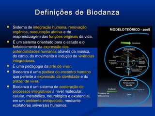 Definições de BiodanzaDefinições de Biodanza
 Sistema deSistema de integração humanaintegração humana,, renovaçãorenovação
orgânicaorgânica,, reeducação afetivareeducação afetiva e dee de
reaprendizagem dasreaprendizagem das funções originaisfunções originais da vida.da vida.
 É um sistema orientado para o estudo e oÉ um sistema orientado para o estudo e o
fortalecimento dafortalecimento da expressão dasexpressão das
potencialidades humanaspotencialidades humanas através da música,através da música,
do canto, do movimento e indução dedo canto, do movimento e indução de vivênciasvivências
integradorasintegradoras..
 É uma pedagogia daÉ uma pedagogia da arte de viverarte de viver..
 Biodanza é umaBiodanza é uma poética do encontro humanopoética do encontro humano
que permite aque permite a expressão da identidadeexpressão da identidade e doe do
prazer de viverprazer de viver..
 Biodanza é um sistema deBiodanza é um sistema de aceleração deaceleração de
processos integrativosprocessos integrativos a nível molecular,a nível molecular,
celular, metabólico, neurológico e existencial,celular, metabólico, neurológico e existencial,
em umem um ambiente enriquecidoambiente enriquecido, mediante, mediante
ecofatores universais humanos.ecofatores universais humanos.
 