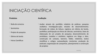 INICIAÇÃO CIENTÍFICA
Produtos
◦ Roda de conversa
◦ Seminários
◦ Projeto de pesquisa
◦ Diários de bordo
◦ Feiras Científicas
Avaliação
◦ Avaliar através de: portfólio; relatório de práticas; pesquisa
avaliativa; investigação-ação; estudos de desenvolvimento;
formação de clubes de leitura; registros em diários de bordo,
portfólios; participação em feiras de ciências, seminários, fases da
elaboração de um projeto de pesquisa; desenvolvimento de
protótipos, modelos e artefatos; registros em blogs e sites,
construção de cartazes, banners, folder, relatórios, textos
científicos e artigos; autoavaliação; mentorias; produção de
podcasts; organização de campanhas, planejamento e construção
de projetos
26/09/2025
 