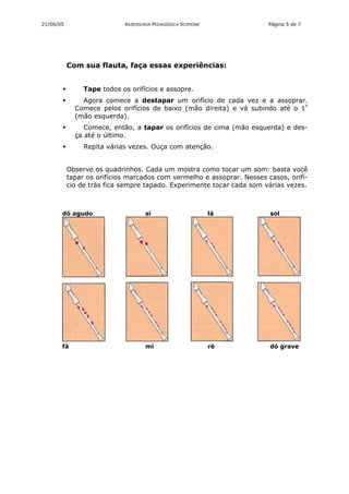 21/06/05                    ASSESSORIA PEDAGÓGICA SCIPIONE              Página 5 de 7




           Com sua flauta, faça essas experiências:


                Tape todos os orifícios e assopre.
               Agora comece a destapar um orifício de cada vez e a assoprar.
             Comece pelos orifícios de baixo (mão direita) e vá subindo até o 1º
             (mão esquerda).
                Comece, então, a tapar os orifícios de cima (mão esquerda) e des-
             ça até o último.
                Repita várias vezes. Ouça com atenção.


           Observe os quadrinhos. Cada um mostra como tocar um som: basta você
           tapar os orifícios marcados com vermelho e assoprar. Nesses casos, orifí-
           cio de trás fica sempre tapado. Experimente tocar cada som várias vezes.



       dó agudo                     si                       lá         sol




       fá                           mi                       ré         dó grave
 