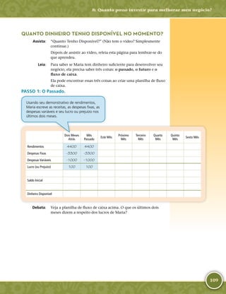 109
QUANTO DINHEIRO TENHO DISPONÍVEL NO MOMENTO?
	Assista:	 “Quanto Tenho Disponível?” (Não tem o vídeo? Simplesmente
continue.)
Depois de assistir ao vídeo, releia esta página para lembrar-­se do
que aprendeu.
	Leia:	 Para saber se Maria tem dinheiro suficiente para desenvolver seu
negócio, ela precisa saber três coisas: o passado, o futuro e o
fluxo de caixa.
Ela pode encontrar essas três coisas ao criar uma planilha de fluxo
de caixa.
PASSO 1: O Passado.
Dois Meses
Atrás
Mês
Passado
Este Mês
Próximo
Mês
Terceiro
Mês
Quarto
Mês
Quinto
Mês
Sexto Mês
Rendimentos 4400 4400
Despesas Fixas -­3300 -­3300
Despesas Variáveis -­1000 -­1000
Lucro (ou Prejuízo) 100 100
Saldo Inicial
Dinheiro Disponível
	Debata:	 Veja a planilha de fluxo de caixa acima. O que os últimos dois
meses dizem a respeito dos lucros de Maria?
Usando seu demonstrativo de rendimentos,
Maria escreve as receitas, as despesas fixas, as
despesas variáveis e seu lucro ou prejuízo nos
últimos dois meses.
8: Quanto posso investir para melhorar meu negócio?
 