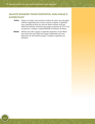 112
QUANTO DINHEIRO TENHO DISPONÍVEL PARA PAGAR O
EMPRÉSTIMO?
	Prática:	 Vamos ver então o que acontece ao fluxo de caixa, caso ela pegue
1500 de empréstimo por 6 meses a fim de comprar 15 galinhas.
Veja a planilha de fluxo de caixa de Maria à direita. Será que
Maria tem dinheiro suficiente para pagar as parcelas de 275? Com
um parceiro, verifique a disponibilidade de dinheiro de Maria.
	Debata:	 Debata com todo o grupo as seguintes perguntas: O que Maria
deve fazer? Será que Maria deve pegar emprestado um valor
diferente? Ou será melhor poupar e comprar as galinhas em
dinheiro?
8: Quanto posso investir para melhorar meu negócio?
 