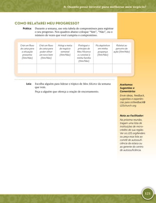 121
COMO RELATAREI MEU PROGRESSO?
	Prática:	 Durante a semana, use esta tabela de compromissos para registrar
o seu progresso. Nos quadros abaixo coloque “Sim”, “Não”, ou o
número de vezes que você cumpriu o compromisso.
Criei um fluxo
de caixa para
a situação
presente
(Sim/Não)
Criei um fluxo
de caixa para
poder obter
um novo bem
(Sim/Não)
Atingi a meta
de negócio
semanal
(Sim/Não)
Pratiquei o
princípio de
Meu Alicerce
e o ensinei à
minha família
(Sim/Não)
Fiz depósitos
em minha
poupança
(Sim/Não)
Relatei ao
parceiro de
ação (Sim/Não)
	Leia:	 Escolha alguém para liderar o tópico de Meu Alicerce da semana
que vem.
Peça a alguém que ofereça a oração de encerramento.
Aceitamos
Sugestões e
Comentários
Envie ideias, feedback,
sugestões e experiên-
cias para srsfeedback@​
LDSchurch.​org.
Nota ao Facilitador:
Na próxima reunião,
tragam uma lista de
instituições de micro-
crédito de sua região.
Ver srs.​LDS.​org/​lenders
ou peça essa lista ao
comitê de autossufi-
ciência da estaca ou
ao gerente do centro
de autossuficiência.
8: Quanto posso investir para melhorar meu negócio?
 