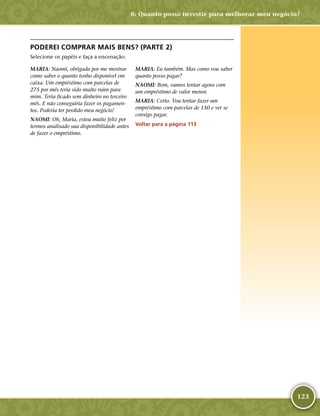 123
PODEREI COMPRAR MAIS BENS? (PARTE 2)
Selecione os papéis e faça a encenação.
MARIA: Naomi, obrigada por me mostrar
como saber o quanto tenho disponível em
caixa. Um empréstimo com parcelas de
275 por mês teria sido muito ruim para
mim. Teria ficado sem dinheiro no terceiro
mês. E não conseguiria fazer os pagamen-
tos. Poderia ter perdido meu negócio!
NAOMI: Oh, Maria, estou muito feliz por
termos analisado sua disponibilidade antes
de fazer o empréstimo.
MARIA: Eu também. Mas como vou saber
quanto posso pagar?
NAOMI: Bem, vamos tentar agora com
um empréstimo de valor menor.
MARIA: Certo. Vou tentar fazer um
empréstimo com parcelas de 150 e ver se
consigo pagar.
Voltar para a página 113
8: Quanto posso investir para melhorar meu negócio?
 