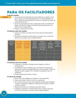126
9: Como saber se devo fazer um empréstimo para melhorar meu negócio?
PARA OS FACILITADORES
O dia da reunião:
•	 Faça uma lista de instituições de microcrédito de sua região e entre-
gue ao grupo. Essa lista está disponível em srs.​LDS.​org/​lenders ou
com o comitê de autossuficiência da estaca ou o gerente do centro de
autossuficiência local.
•	 Envie uma mensagem de texto ou ligue para todos os membros do
grupo. Convide-­os a chegar 10 minutos mais cedo para fazer um
relato de seus compromissos.
•	 Prepare os materiais da reunião.
30 minutos antes da reunião:
•	 Arrume as cadeiras em volta de uma mesa para que todos fiquem
próximos.
•	 Desenhe esta tabela de compromissos no quadro com o nome das
pessoas de seu grupo (veja o exemplo abaixo).
Nome do
membro do
grupo
Criei um fluxo
de caixa para
a situação
presente
(Sim/Não)
Criei um fluxo
de caixa para
poder obter
um novo bem
(Sim/Não)
Atingi a
meta de
negócio
semanal
(Sim/Não)
Pratiquei o
princípio de
Meu Alicerce
e o ensinei à
minha família
(Sim/Não)
Fiz
depósitos
em minha
poupança
(Sim/Não)
Relatei ao
parceiro de
ação
(Sim/Não)
Gloria S S S S S S
10 minutos antes da reunião:
•	 Conforme os membros do grupo forem chegando, receba-­os
calorosamente.
•	 À medida que forem chegando, peça aos membros do grupo que
preencham a tabela de compromissos que está no quadro. Lembre-­os
também de abrir a página 197 e atualizar seu progresso rumo ao
certificado.
•	 Designe alguém para marcar o tempo.
No início da reunião:
•	 Peça a todos que desliguem os celulares e outros aparelhos.
•	 Façam uma oração (cantem um hino, se quiserem).
•	 Em voz baixa, peça aos que estão chegando atrasados que desliguem
o celular e preencham a tabela de compromissos enquanto o grupo
continua o debate.
•	 Marque 20 minutos no cronômetro para Meu Alicerce.
•	 Complete o princípio 9 no livreto Meu Alicerce. Depois, volte para
este livro de exercícios e continue lendo a página seguinte.
NOVO!
 