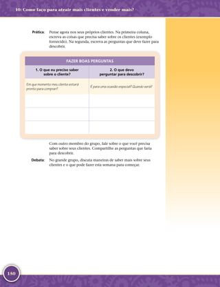 150
	Prática:	 Pense agora nos seus próprios clientes. Na primeira coluna,
escreva as coisas que precisa saber sobre os clientes (exemplo
fornecido). Na segunda, escreva as perguntas que deve fazer para
descobrir.
FAZER BOAS PERGUNTAS
1. O que eu preciso saber
sobre o cliente?
2. O que devo
perguntar para descobrir?
Em que momento meu cliente estará
pronto para comprar?
É para uma ocasião especial? Quando será?
Com outro membro do grupo, fale sobre o que você precisa
saber sobre seus clientes. Compartilhe as perguntas que faria
para descobrir.
	Debata:	 No grande grupo, discuta maneiras de saber mais sobre seus
clientes e o que pode fazer esta semana para começar.
10: Como faço para atrair mais clientes e vender mais?
 