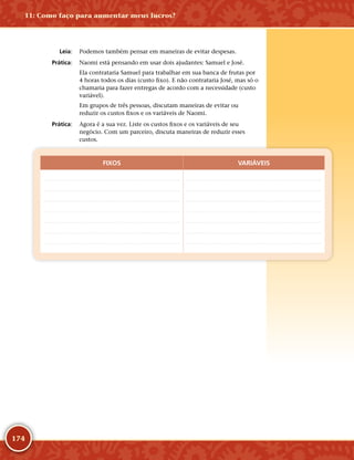 174
	Leia:	 Podemos também pensar em maneiras de evitar despesas.
	Prática:	 Naomi está pensando em usar dois ajudantes: Samuel e José.
Ela contrataria Samuel para trabalhar em sua banca de frutas por
4 horas todos os dias (custo fixo). E não contrataria José, mas só o
chamaria para fazer entregas de acordo com a necessidade (custo
variável).
Em grupos de três pessoas, discutam maneiras de evitar ou
reduzir os custos fixos e os variáveis de Naomi.
	Prática:	 Agora é a sua vez. Liste os custos fixos e os variáveis de seu
negócio. Com um parceiro, discuta maneiras de reduzir esses
custos.
FIXOS VARIÁVEIS
11: Como faço para aumentar meus lucros?
 