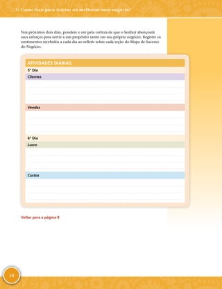 14
Nos próximos dois dias, pondere e ore pela certeza de que o Senhor abençoará
seus esforços para servir a um propósito santo em seu próprio negócio. Registre os
sentimentos recebidos a cada dia ao refletir sobre cada seção do Mapa de Sucesso
do Negócio.
ATIVIDADES DIÁRIAS:
5° Dia
Clientes



Vendas



6° Dia
Lucro



Custos



Voltar para a página 8
1: Como faço para iniciar ou melhorar meu negócio?
 
