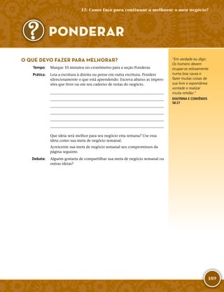 189
O QUE DEVO FAZER PARA MELHORAR?
	Tempo:	 Marque 10 minutos no cronômetro para a seção Ponderar.
	Prática:	 Leia a escritura à direita ou pense em outra escritura. Pondere
silenciosamente o que está aprendendo. Escreva abaixo as impres-
sões que tiver ou em seu caderno de notas do negócio.






Que ideia será melhor para seu negócio esta semana? Use essa
ideia como sua meta de negócio semanal.
Acrescente sua meta de negócio semanal aos compromissos da
página seguinte.
	Debata:	 Alguém gostaria de compartilhar sua meta de negócio semanal ou
outras ideias?
“Em verdade eu digo:
Os homens devem
ocupar-­se zelosamente
numa boa causa e
fazer muitas coisas de
sua livre e espontânea
vontade e realizar
muita retidão.”
DOUTRINA E CONVÊNIOS
58:27
12: Como faço para continuar a melhorar o meu negócio?
PONDERAR
 