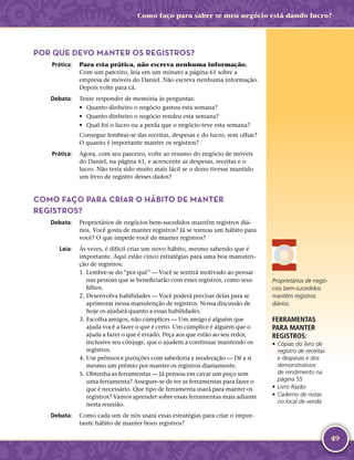 49
Como faço para saber se meu negócio está dando lucro?
POR QUE DEVO MANTER OS REGISTROS?
	Prática:	 Para esta prática, não escreva nenhuma informação.
Com um parceiro, leia em um minuto a página 61 sobre a
empresa de móveis do Daniel. Não escreva nenhuma informação.
Depois volte para cá.
	Debata:	 Tente responder de memória às perguntas:
•	 Quanto dinheiro o negócio gastou esta semana?
•	 Quanto dinheiro o negócio rendeu esta semana?
•	 Qual foi o lucro ou a perda que o negócio teve esta semana?
Consegue lembrar-­se das receitas, despesas e do lucro, sem olhar?
O quanto é importante manter os registros?
	Prática:	 Agora, com seu parceiro, volte ao resumo do negócio de móveis
do Daniel, na página 61, e acrescente as despesas, receitas e o
lucro. Não teria sido muito mais fácil se o dono tivesse mantido
um livro de registro desses dados?
COMO FAÇO PARA CRIAR O HÁBITO DE MANTER
REGISTROS?
	Debata:	 Proprietários de negócios bem-­sucedidos mantêm registros diá-
rios. Você gosta de manter registros? Já se tornou um hábito para
você? O que impede você de manter registros?
	Leia:	 Às vezes, é difícil criar um novo hábito, mesmo sabendo que é
importante. Aqui estão cinco estratégias para uma boa manuten-
ção de registros:
	1.	Lembre-­se do “por quê” — Você se sentirá motivado ao pensar
nas pessoas que se beneficiarão com esses registros, como seus
filhos.
	2.	Desenvolva habilidades — Você poderá precisar delas para se
aprimorar nessa manutenção de registros. Nossa discussão de
hoje os ajudará quanto a essas habilidades.
	3.	Escolha amigos, não cúmplices — Um amigo é alguém que
ajuda você a fazer o que é certo. Um cúmplice é alguém que o
ajuda a fazer o que é errado. Peça aos que estão ao seu redor,
inclusive seu cônjuge, que o ajudem a continuar mantendo os
registros.
	4.	Use prêmios e punições com sabedoria e moderação — Dê a si
mesmo um prêmio por manter os registros diariamente.
	5.	Obtenha as ferramentas — Já pensou em cavar um poço sem
uma ferramenta? Assegure-­se de ter as ferramentas para fazer o
que é necessário. Que tipo de ferramenta usará para manter os
registros? Vamos aprender sobre essas ferramentas mais adiante
nesta reunião.
	Debata:	 Como cada um de nós usará essas estratégias para criar o impor-
tante hábito de manter bons registros?
Proprietários de negó-
cios bem-­sucedidos
mantêm registros
diários.
FERRAMENTAS
PARA MANTER
REGISTROS:
•	Cópias do livro de
registro de receitas
e despesas e dos
demonstrativos
de rendimento na
página 55
•	Livro Razão
•	Caderno de notas
no local de venda
 