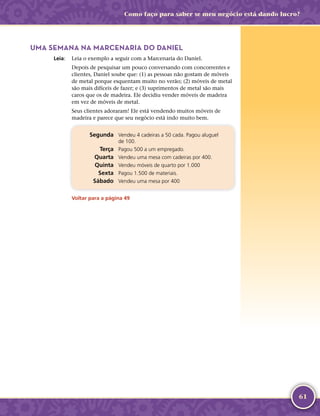 61
Como faço para saber se meu negócio está dando lucro?
UMA SEMANA NA MARCENARIA DO DANIEL
	Leia:	 Leia o exemplo a seguir com a Marcenaria do Daniel.
Depois de pesquisar um pouco conversando com concorrentes e
clientes, Daniel soube que: (1) as pessoas não gostam de móveis
de metal porque esquentam muito no verão; (2) móveis de metal
são mais difíceis de fazer; e (3) suprimentos de metal são mais
caros que os de madeira. Ele decidiu vender móveis de madeira
em vez de móveis de metal.
Seus clientes adoraram! Ele está vendendo muitos móveis de
madeira e parece que seu negócio está indo muito bem.
	 Segunda	 Vendeu 4 cadeiras a 50 cada. Pagou aluguel
de 100.
	 Terça	 Pagou 500 a um empregado.
	 Quarta	 Vendeu uma mesa com cadeiras por 400.
	 Quinta	 Vendeu móveis de quarto por 1.000
	 Sexta	 Pagou 1.500 de materiais.
	 Sábado	 Vendeu uma mesa por 400
Voltar para a página 49
 