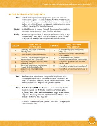 5
O QUE FAREMOS NESTE GRUPO?
	Leia:	 Trabalharemos juntos como grupo para ajudar um ao outro a
começar um negócio e fazê-­lo melhorar. Nós temos também uma
meta maior: tornar-­nos autossuficientes para que possamos servir
melhor aos outros. Quando conseguimos cuidar de nós mesmos,
podemos cuidar melhor de outras pessoas.
	Assista:	 Assista à história de sucesso “Samuel: Reparos em Computador”.
(Caso não tenha acesso ao vídeo, continue a leitura.)
	Prática:	 No decorrer das próximas 12 semanas vocês responderão às per-
guntas de negócios a seguir. Juntos, leiam as perguntas de negó-
cios que serão respondidas neste grupo de autossuficiência.
SEMANA
COMO INICIAR
MEU NEGÓCIO
SEMANA
COMO MELHORAR
MEU NEGÓCIO
1
Como faço para iniciar ou melhorar
meu negócio?
7
Como devo agir para melhorar meu
negócio?
2 O que as pessoas desejam comprar? 8
Quanto posso investir para melhorar
meu negócio?
3
Como faço para comprar meu produto
e estabelecer o preço de venda?
9
Como saber se devo fazer um
empréstimo para melhorar meu negócio?
4
Como faço para saber se meu negócio
está dando lucro?
10
Como faço para atrair mais clientes e
vender mais?
5
Como faço para separar o dinheiro do
negócio do dinheiro da família?
11 Como faço para aumentar meus lucros?
6
De que modo meu negócio está
progredindo?
12
Como faço para continuar a melhorar o
meu negócio?
	Leia:	 A cada semana, assumiremos compromissos, agiremos, che-
garemos pontualmente às reuniões semanais e relataremos ao
grupo. Ao trabalhar juntos no grupo, teremos mais chance de ter
sucesso! Aqui estão a pergunta e a ação desta semana.
	Leia:	 PERGUNTA DA SEMANA: Para onde eu deverei direcionar
meus esforços a fim de iniciar ou melhorar meu negócio?
AÇÃO DA SEMANA: Usar diariamente o Mapa de Sucesso do
Negócio a fim de aprender a direcionar meus esforços para
iniciar e melhorar meu negócio.
O restante desta reunião nos ajudará a responder a essa pergunta
e a realizar essa ação.
1: Como faço para iniciar ou melhorar meu negócio?
 