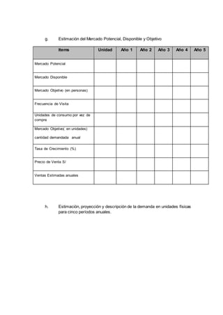 g. Estimación del Mercado Potencial, Disponible y Objetivo
Items Unidad Año 1 Año 2 Año 3 Año 4 Año 5
Mercado Potencial
Mercado Disponible
Mercado Objetivo (en personas)
Frecuencia de Visita
Unidades de consumo por vez de
compra
Mercado Objetivo( en unidades)
cantidad demandada anual
Tasa de Crecimiento (%)
Precio de Venta S/
Ventas Estimadas anuales
h. Estimación, proyección y descripción de la demanda en unidades físicas
para cinco períodos anuales.
 