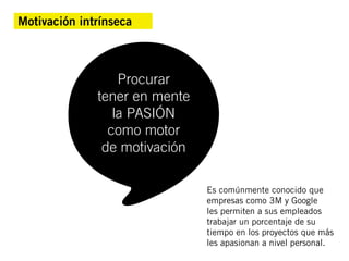 Motivación intrínseca



                  Procurar
              tener en mente
                 la PASIÓN
                como motor
               de motivación

                               Es comúnmente conocido que
                               empresas como 3M y Google
                               les permiten a sus empleados
                               trabajar un porcentaje de su
                               tiempo en los proyectos que más
                               les apasionan a nivel personal.
 