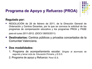 Programa de Apoyo y Refuerzo (PROA)

Regulado por:
   RESOLUCIÓN de 28 de febrero de 2011, de la Dirección General de
    Ordenación y Centros Docentes, por la que se convoca la solicitud de los
    programas de compensación educativa y los programas PROA y PASE
    para el curso 2011-2012. (DOCV 08/03/2011)
   Destinatarios: Centros públicos y privados concertados de la
    Comunitat Valenciana.

   Dos modalidades:
    1. Programa de acompañamiento escolar: Dirigido al alumnado de
       segundo y tercer ciclo de Educación Primaria, y E.S.O.
    2. Programa de apoyo y Refuerzo: Para I.E.S.
 
