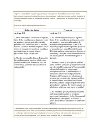 integrarse por candidatos propietario y suplente del mismo género. De esta forma se minimiza el acto
discriminatorio, mejorando la calidad del sistema democrático por medio de un impacto positivo, otorgando al
ciudadano diferentes puntos de vista en las decisiones políticas y la legitimidad de las instituciones se verán
fortalecidas.


Se propone realizar las siguientes adecuaciones:


                Redacción Actual                                              Propuesta
Artículo 219                                             Artículo 219

1. De la totalidad de solicitudes de registro,           1. La totalidad de solicitudes de registro,
tanto de las candidaturas a diputados como               tanto de las candidaturas a diputados como
de senadores que presenten los partidos                  de senadores ya sea por el principio de
políticos o las coaliciones ante el Instituto            representación proporcional, o por el de
Federal Electoral, deberán integrarse con al             mayoría,que presenten los partidos políticos
menos el cuarenta por ciento de candidatos               o las coaliciones ante el Instituto Federal
propietarios de un mismo género,                         Electoral, deberán integrarse con al menos el
procurando llegar a la paridad.                          cuarenta y cinco por ciento de candidatos de
                                                         un mismo género, procurando llegar a la
2. Quedan exceptuadas de esta disposición                paridad.
las candidaturas de mayoría relativa que
sean resultado de un proceso de elección                 2. Para maximizar el principio de paridad
democrático, conforme a los estatutos de                 entre hombres y mujeres y la representación
cada partido.                                            de éstos en el Congreso de la Unión, cuando
                                                         alguno de los géneros hubiera sido
                                                         subrepresentado en el proceso electoral
                                                         inmediato anterior en cualquiera de las
                                                         Cámaras del Congreso, las solicitudes de
                                                         registro que presenten los partidos políticos
                                                         o las coaliciones ante el Instituto Federal
                                                         Electoral, deberán integrarse por candidatos
                                                         propietario y suplente del mismo género, en
                                                         el número suficiente para lograr la paridad.

                                                         3. Se entenderá que un género se encuentra
                                                         subrepresentado cuando su presencia
                                                         porcentual en cualquiera de las Cámaras del
                                                         Congreso no corresponda al cuarenta y
                                                         cinco por ciento de candidatos de un mismo
                                                         género.

La reforma tiene como objeto obligar a los partidos y coaliciones a que presenten como mínimo un 45% de
candidatos no sólo en las listas que se someten al sistema proporcional, sino también en las contiendas que
se ventilan por el principio de mayoría, incluso en el caso de que hayan sido propuestos después de un
proceso de elección intrapartidista, y, en segundo lugar, establecer que en caso de existir
 