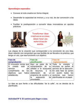Aprendizajes esperados:

  • Conocer el ciclo creativo en forma integral.

  • Desarrollar la capacidad de innovar y, a su vez, de dar concreción a las
    ideas.

  • Facilitar la predisposición a convertir ideas innovadoras en aportes
    prácticos.


                            Transformar ideas
                           creativas en acciones,
                              deben tener una
                              materialización
                                  posible.


Las etapas de la creación que corresponden a la concreción de una idea,
dicen relación con comprobar que sea factible de ser llevada a la práctica, que
tenga un uso, que sea funcional a un objetivo:

Fase de                    Fase de                   Fase de
comprobación               planificación              implementación
El innovador revisa que    Aquí se pasa de la        Toda la energía y
lo   creado    esté al     comprobación de su        recursos se ponen al
servicio             del   utilidad a la búsqueda    servicio de la ejecución.
cumplimiento de los        de recursos, a la         En esta fase se ponen
objetivos que había        elaboración      de un    en acción todas las
establecido.               programa de acción y a    acciones que fueron
                           la      asignación  de    planificadas en el papel.
                           prioridades.

La idea es que frente a las dificultades “de la calle”, no se desista de lo
planificado.




Actividad Nº 5: El camino para llegar a casa.
 