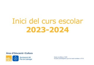 Inici del curs escolar
2023-2024
Àrea d’Educació i Cultura
Dades recollides a 15/09
Excepte postobligatòria que han estat recollides a 15/10
 