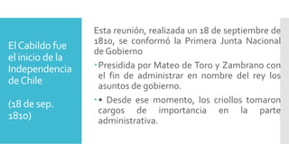 ElCabildo fue
el inicio de la
Independencia
deChile
(18 de sep.
1810)
Esta reunión, realizada un 18 de septiembre de
1810, se conformó la Primera Junta Nacional
de Gobierno
Presidida por Mateo de Toro y Zambrano con
el fin de administrar en nombre del rey los
asuntos de gobierno.
• Desde ese momento, los criollos tomaron
cargos de importancia en la parte
administrativa.