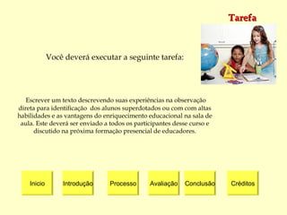 Tarefa Inicio Introdução Processo Avaliação Créditos Conclusão Você deverá executar a seguinte tarefa: Escrever um texto descrevendo suas experiências na observação direta para identificação  dos alunos superdotados ou com com altas habilidades e as vantagens do enriquecimento educacional na sala de aula. Este deverá ser enviado a todos os participantes desse curso e discutido na próxima formação presencial de educadores. 