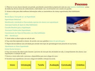 Processo Inicio Introdução Tarefa Avaliação Créditos Conclusão 1- Observar os seus alunos durante um período, percebendo características próprias de cada um, seus  talentos e habilidades   acima da média nas diversa áreas do conhecimento, criatividade e seu  envolvimento com a tarefa em questão.  2- Acesse os sites para obter melhores informações sobre as características da criança superdotada / altas habilidades: MEC Revista Época: Você pode ser  um Superdotado Superdotação  Intelectual Identificando e atendendo as Necessidades especiais dos alunos com  supesdotação Associação Gaúcha de Apoio às Altas Habilidades Conselho Brasileiro para a  Supedotação Associação Paulista sobre  Superdotação Caracterização dos Tipos de  Educandos  com Altas habilidades MEC -  Identificação 3- Anote todas as observações em sala de aula. 4- Faça uma lista separando os alunos  de acordo com suas aptidões e  tipos de aprendizagem .  5- Depois deverá elaborar uma atividade para atender dois tipos de aprendizagem mais presente em sua turma. Atendimento ao Aluno Superdotado Gestão Escolar Inclusiva 6- Faça um resumo das observações durante o processo de execução das atividades em sala, o comportamento dos alunos, suas inquietações e avaliação da aula. 7- Escreva o texto sobre todo o processo e disponibilize para seus colegas de curso. 8- Socialize suas experiências com seus colegas de trabalho e direção da escola. 