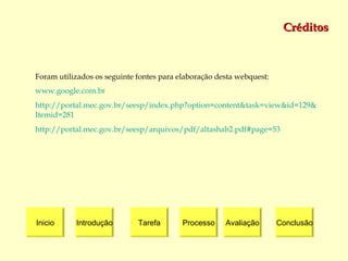 Créditos Inicio Introdução Tarefa Processo Conclusão Avaliação Foram utilizados os seguinte fontes para elaboração desta webquest: www.google.com.br http://portal. mec .gov. br / seesp / index . php ? option = content & task = view &id=129& Itemid =281 http://portal. mec .gov. br / seesp /arquivos/ pdf /altashab2. pdf # page =53     