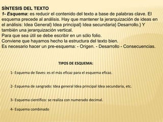 SÍNTESIS DEL TEXTO
1- Esquema: es reducir el contenido del texto a base de palabras clave. El
esquema precede al análisis. Hay que mantener la jerarquización de ideas en
el análisis: Idea General} Idea principal} Idea secundaria} Desarrollo.} Y
también una jerarquización vertical.
Para que sea útil se debe escribir en un sólo folio.
Conviene que hayamos hecho la estructura del texto bien.
Es necesario hacer un pre-esquema: - Origen. - Desarrollo - Consecuencias.


                                 TIPOS DE ESQUEMA:

    1- Esquema de llaves: es el más eficaz para el esquema eficaz.


    2- Esquema de sangrado: Idea general Idea principal Idea secundaria, etc.


    3- Esquema científico: se realiza con numerado decimal.

    4- Esquema combinado
 