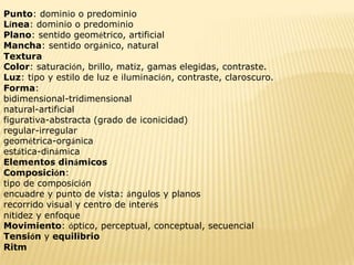 Punto: dominio o predominio
Línea: dominio o predominio
Plano: sentido geométrico, artificial
Mancha: sentido orgánico, natural
Textura
Color: saturación, brillo, matiz, gamas elegidas, contraste.
Luz: tipo y estilo de luz e iluminación, contraste, claroscuro.
Forma:
bidimensional-tridimensional
natural-artificial
figurativa-abstracta (grado de iconicidad)
regular-irregular
geométrica-orgánica
estática-dinámica
Elementos dinámicos
Composición:
tipo de composición
encuadre y punto de vista: ángulos y planos
recorrido visual y centro de interés
nitidez y enfoque
Movimiento: óptico, perceptual, conceptual, secuencial
Tensión y equilibrio
Ritm
 