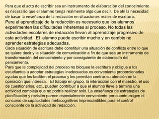 Para que el acto de escribir sea un instrumento de elaboración del conocimiento
es necesario que el alumno tenga realmente algo que decir. De ahí la necesidad
de basar la enseñanza de la redacción en situaciones reales de escritura.
Para el aprendizaje de la redacción es necesario que los alumnos
experimenten las dificultades inherentes al proceso. No todas las
actividades escolares de redacción llevan al aprendizaje progresivo de
esta actividad. El alumno puede escribir mucho y en cambio no
aprender estrategias adecuadas.
Cada situación de escritura debe constituir una situación de conflicto entre lo que
se quiere decir y la situación de comunicación a fin de que sea un instrumento de
transformación del conocimiento y por consiguiente de elaboraciín del
pensamiento.
Para que la complejidad del proceso no bloquee la escritura y obligue a los
estudiantes a adoptar estrategías inadecuadas es conveniente proporcionarles
ayudas que les faciliten el proceso y les permitan centrar su atención en la
operación que interesa. El trabajo en grupo, la interacción con el maestro, el uso
de cuestionarios, etc., pueden contribuir a que el alumno lleve a término una
actividad compleja que no podría realizar solo. La enseñanza de estrategias de
planificación y revisión parece especialmente conveniente por cuanto exigen el
concurso de capacidades metacognitivas imprescindibles para el control
consciente de la actividad de redacción.
 