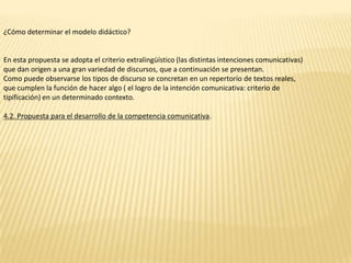 ¿Cómo determinar el modelo didáctico?


En esta propuesta se adopta el criterio extralingüístico (las distintas intenciones comunicativas)
que dan origen a una gran variedad de discursos, que a continuación se presentan.
Como puede observarse los tipos de discurso se concretan en un repertorio de textos reales,
que cumplen la función de hacer algo ( el logro de la intención comunicativa: criterio de
tipificación) en un determinado contexto.

4.2. Propuesta para el desarrollo de la competencia comunicativa.
 
