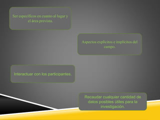 Ser específicos en cuanto al lugar y
el área prevista.
Aspectos explícitos e implícitos del
campo.
Interactuar con los participantes.
Recaudar cualquier cantidad de
datos posibles útiles para la
investigación.
 