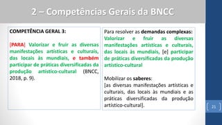COMPETÊNCIA GERAL 3:
[PARA] Valorizar e fruir as diversas
manifestações artísticas e culturais,
das locais às mundiais, e também
participar de práticas diversificadas da
produção artístico-cultural (BNCC,
2018, p. 9).
21
2 – Competências Gerais da BNCC
Para resolver as demandas complexas:
Valorizar e fruir as diversas
manifestações artísticas e culturais,
das locais às mundiais, [e] participar
de práticas diversificadas da produção
artístico-cultural
Mobilizar os saberes:
[as diversas manifestações artísticas e
culturais, das locais às mundiais e as
práticas diversificadas da produção
artístico-cultural].
 