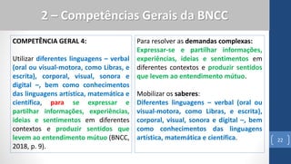 COMPETÊNCIA GERAL 4:
Utilizar diferentes linguagens – verbal
(oral ou visual-motora, como Libras, e
escrita), corporal, visual, sonora e
digital –, bem como conhecimentos
das linguagens artística, matemática e
científica, para se expressar e
partilhar informações, experiências,
ideias e sentimentos em diferentes
contextos e produzir sentidos que
levem ao entendimento mútuo (BNCC,
2018, p. 9).
22
2 – Competências Gerais da BNCC
Para resolver as demandas complexas:
Expressar-se e partilhar informações,
experiências, ideias e sentimentos em
diferentes contextos e produzir sentidos
que levem ao entendimento mútuo.
Mobilizar os saberes:
Diferentes linguagens – verbal (oral ou
visual-motora, como Libras, e escrita),
corporal, visual, sonora e digital –, bem
como conhecimentos das linguagens
artística, matemática e científica.
 