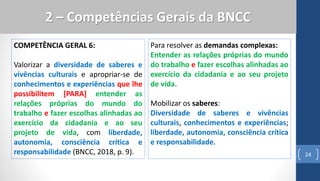 COMPETÊNCIA GERAL 6:
Valorizar a diversidade de saberes e
vivências culturais e apropriar-se de
conhecimentos e experiências que lhe
possibilitem [PARA] entender as
relações próprias do mundo do
trabalho e fazer escolhas alinhadas ao
exercício da cidadania e ao seu
projeto de vida, com liberdade,
autonomia, consciência crítica e
responsabilidade (BNCC, 2018, p. 9). 24
2 – Competências Gerais da BNCC
Para resolver as demandas complexas:
Entender as relações próprias do mundo
do trabalho e fazer escolhas alinhadas ao
exercício da cidadania e ao seu projeto
de vida.
Mobilizar os saberes:
Diversidade de saberes e vivências
culturais, conhecimentos e experiências;
liberdade, autonomia, consciência crítica
e responsabilidade.
 