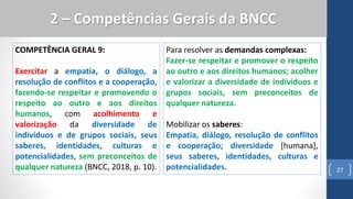 COMPETÊNCIA GERAL 9:
Exercitar a empatia, o diálogo, a
resolução de conflitos e a cooperação,
fazendo-se respeitar e promovendo o
respeito ao outro e aos direitos
humanos, com acolhimento e
valorização da diversidade de
indivíduos e de grupos sociais, seus
saberes, identidades, culturas e
potencialidades, sem preconceitos de
qualquer natureza (BNCC, 2018, p. 10). 27
2 – Competências Gerais da BNCC
Para resolver as demandas complexas:
Fazer-se respeitar e promover o respeito
ao outro e aos direitos humanos; acolher
e valorizar a diversidade de indivíduos e
grupos sociais, sem preconceitos de
qualquer natureza.
Mobilizar os saberes:
Empatia, diálogo, resolução de conflitos
e cooperação; diversidade [humana],
seus saberes, identidades, culturas e
potencialidades.
 