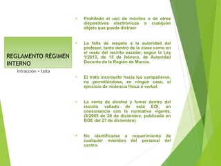 REGLAMENTO RÉGIMEN
INTERNO
• Prohibido el uso de móviles o de otros
dispositivos electrónicos o cualquier
objeto que pueda distraer
• La falta de respeto a la autoridad del
profesor, tanto dentro de la clase como en
el resto del recinto escolar, según la Ley
1/2013, de 15 de febrero, de Autoridad
Docente de la Región de Murcia.
• El trato incorrecto hacia los compañeros,
no permitiéndose, en ningún caso, el
ejercicio de violencia física o verbal.
• La venta de alcohol y fumar dentro del
recinto vallado de esta EOI, en
consonancia con la normativa vigente,
(8/2005 de 26 de diciembre, publicada en
BOE del 27 de diciembre)
• No identificarse a requerimiento de
cualquier miembro del personal del
centro.
Infracción = falta
 