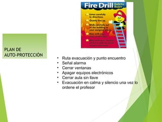 PLAN DE
AUTO-PROTECCIÓN
• Ruta evacuación y punto encuentro
• Señal alarma
• Cerrar ventanas
• Apagar equipos electrónicos
• Cerrar aula sin llave
• Evacuación en calma y silencio una vez lo
ordene el profesor
 