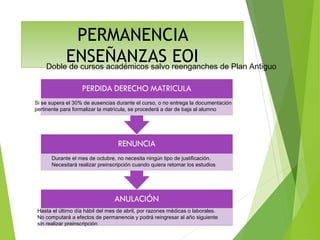 PERMANENCIA
ENSEÑANZAS EOIDoble de cursos académicos salvo reenganches de Plan Antiguo
Si se supera el 30% de ausencias durante el curso, o no entrega la documentación
pertinente para formalizar la matrícula, se procederá a dar de baja al alumno
Durante el mes de octubre, no necesita ningún tipo de justificación.
Necesitará realizar preinscripción cuando quiera retomar los estudios
Hasta el último día hábil del mes de abril, por razones médicas o laborales.
No computará a efectos de permanencia y podrá reingresar al año siguiente
sin realizar preinscripción
 