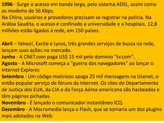 1996 - Surge o acesso em banda larga, pelo sistema ADSL, assim como os modems de 56 Kbps.Na China, usuários e provedores precisam se registrar na polícia. Na Arábia Saudita, o acesso é confinado a universidade e a hospitais. 12,8 milhões estão ligados à rede, em 150 países.Abril – Yahoo!, Excite e Lycos, três grandes serviços de busca na rede, lançam suas ações no mercado.Junho - A CNET.com paga US$ 15 mil pelo domínio "tv.com".Agosto - A Microsoft começa a "guerra dos navegadores" ao lançar o Internet Explorer.Setembro - Um código malicioso apaga 25 mil mensagens na Usenet, o então popular serviço de fóruns da Internet. Os sites do Departamento de Justiça dos EUA, da CIA e da Força Aérea americana são hackeados e têm páginas pichadas.Novembro - É lançado o comunicador instantâneo ICQ.Dezembro - A Macromedia lança o Flash, que se tornaria um dos plugins mais adotados na Web.