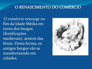 O RENASCIMENTO DO COMÉRCIO
O comércio ressurge no
fim da Idade Média em
torno dos burgos
(fortificações
medievais), através das
feiras. Desta forma, os
antigos burgos vão se
transformando em
cidades.
 